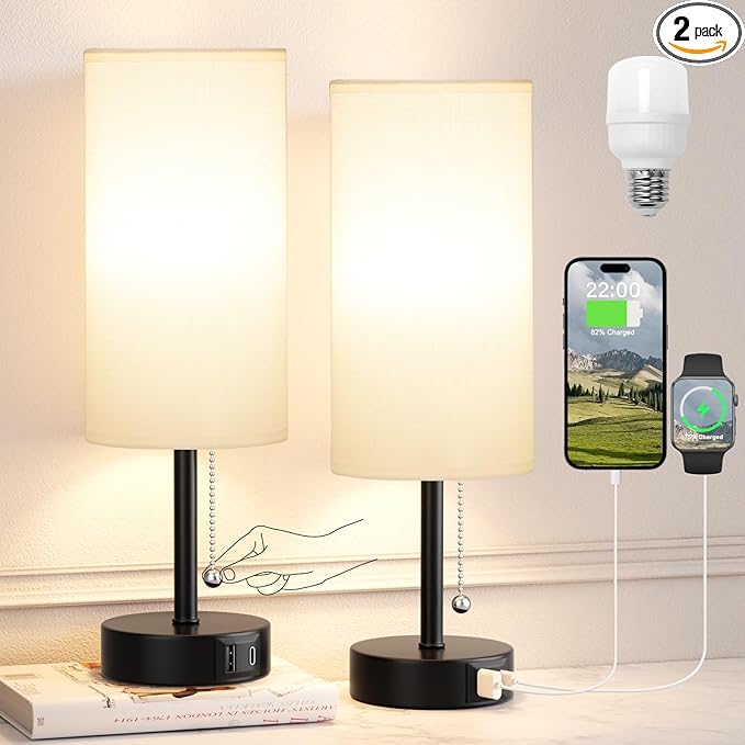 White Bedside Lamps for Bedroom Set of 2 - Nightstand Table Lamp with USB A + C Charging Port, 3 Color Temperatures Pull Chain Night Stand Light, Side Table Desk Reading Lamp for Living Room/Dorm