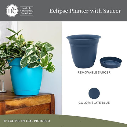 The HC Companies 6 Inch Eclipse Round Planter Pots with Drainage Holes & Attached Saucer, Lightweight UV-Resistant Plastic Indoor & Outdoor Planters, 4-Pack Flower Pots, Garden Home Decor, Slate Blue