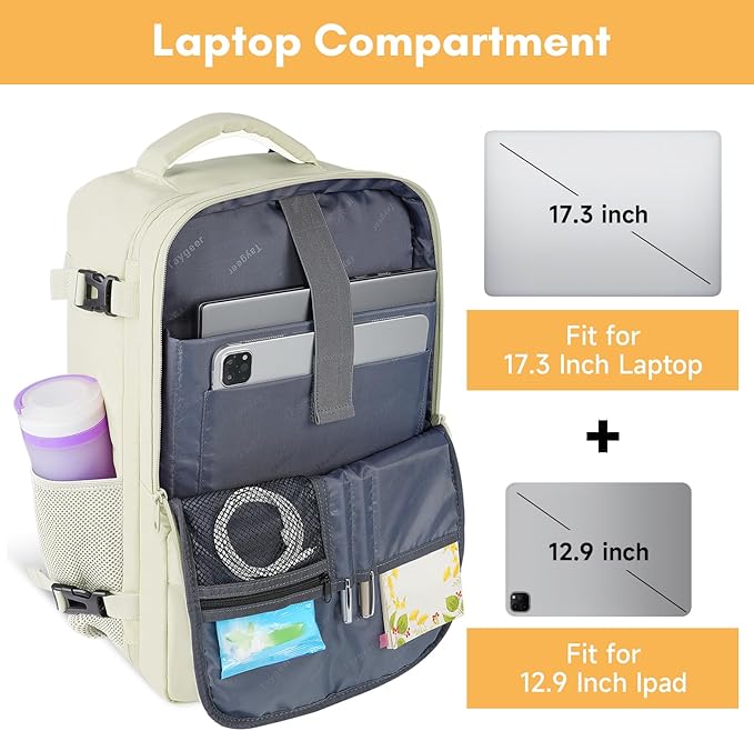 Taygeer Large Travel Backpack, 17 inch Laptop Backpack for Women, Airline Approved Personal Item Mochila, 40l Lightweight Luggage Carryon Work Bag for friend and Ladies Business Travel Hiking, Beige