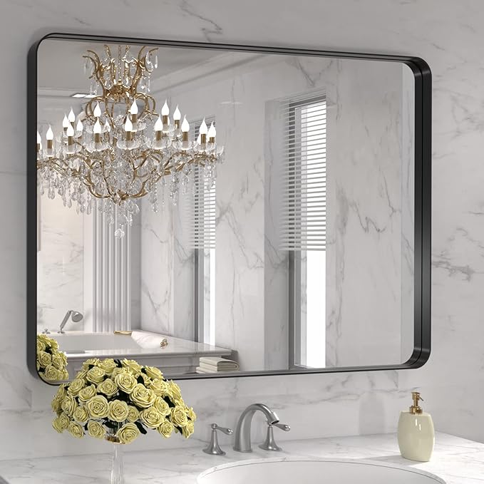 LOAAO 40X32 Inch Black Metal Framed Bathroom Mirror
