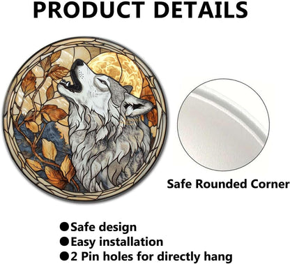 Lygond Metal Sign Tin Sign Circular Stained Glass Gray Wolf Bathroom Signs for Home for Club 12×12 Inches