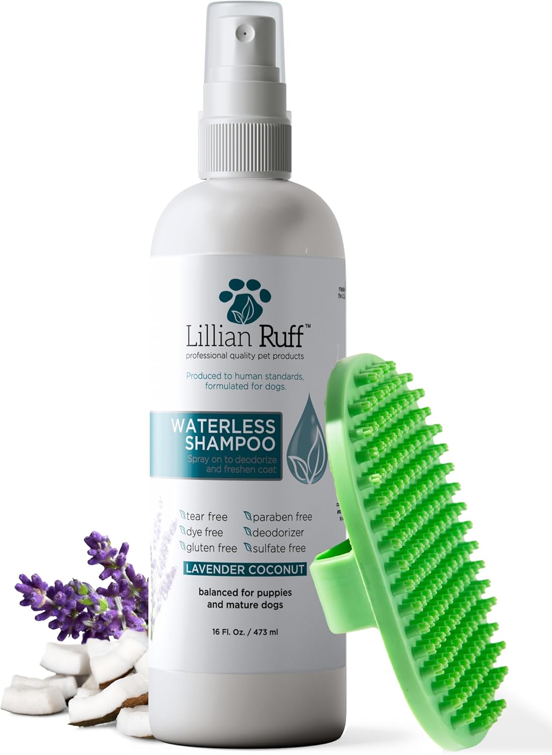 Lillian Ruff Waterless No-Rinse Dog Dry Shampoo Spray with Hydrating Essential Oils - pH-Balanced Dry Shampoo for Dogs - Clean, Condition, Detangle & Deodorize Dry, Sensitive Skin (16oz/Brush)