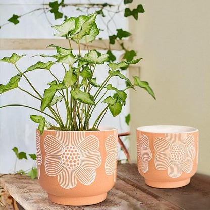 YBX 8 Inch + 6 Inch White Flower Pattern Plant Pots, Sand Glazed Ceramic Planter with Drainage Hole, Flower Pots for Indoor Plants, Orange
