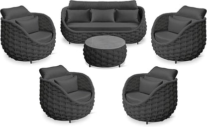 Erotr Aluminum Rope Patio Furniture Set: 6 Pieces Assembled Outdoor Conversation Sofa Set for 7 - Modern Metal Couch Set Cushioned - All Weather Porch Seating for Deck Garden Lanai Hotel, Dark Gray