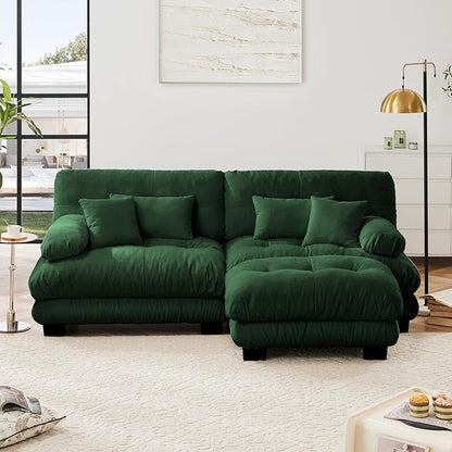 94.4" Loveseat Sofa, 2 Seater Modular Sectional Sofa, Green Large L Shaped Sectional Couches for Living Room, Fluffy Chenille Fabric Cloud Couch with Ottoman