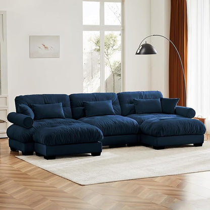 130" Oversized 3 Seater Modular Sectional Sofa, Blue Large U Shaped Couch for Living Room, Fluffy Velvet Cloud Set With Ottoman