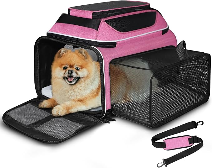 Petskd Top and Side Expandable Pet Carrier 17x11x9.5 Inches Alaska Airline Approved, Soft-Sided Carrier for Small Cats and Dogs with Locking Safety Zippers and Anti-Scratch Mesh(Pink)