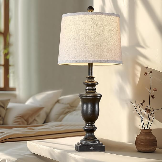 27.5" Set of 2 Farmhouse Table Lamps for Bedroom, 3 Way Dimmable Bedside Lamp with 2 USB +AC Outlet Nightstand Lamps for Living Room Resin Rustic Touch Lamps (Antique Black)