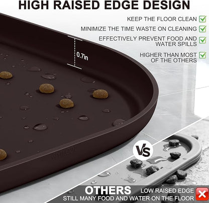 SMILOOL Waterproof Silicone Pet Food Mat with Raised Edge for Dog & Cat | 12" x 12" Non-Slip Small Pet Feeding Mats with Lip for Food & Water Bowl, Food Grade, Easy Cleaning, Dark Brown