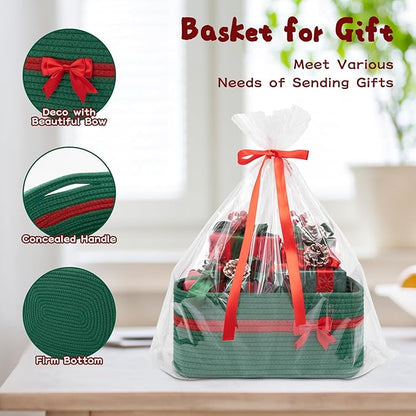 OIAHOMY Christmas Basket with Gift Bags and Ribbons, Woven Storage Basket for Decorations, Nursery, Pets - Green