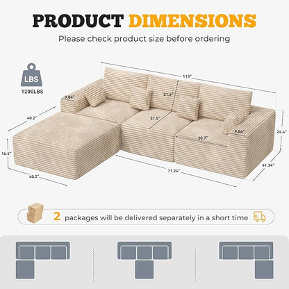 113" Modular Sectional Sofa, Convertible L-Shaped Cloud Couches for Living Room with Ottoman, 4 Seater Corduroy Boneless Couch Sofa Set, No Assembly Required, Khaki 1 PCS