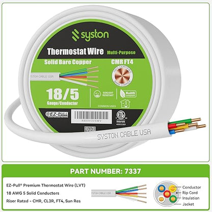 Syston 18/5 Thermostat Doorbell HVAC Heating Control Cable Wire, 18 AWG 5