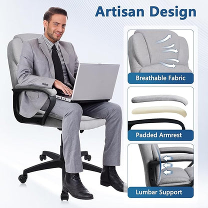 CLATINA Grey Cloth Office Chair Fabric Covered Desk Chair, Adjustable Height Swivel Chairs Ergonomic Executive Chair with Arms and Wheels Comfortable Upholstered, 350 LBS