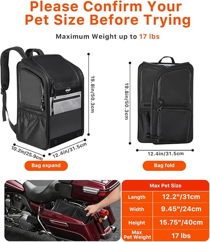 Motorcycle Dog Carrier Bag, 17 lbs for Small Dog & Cat with Stable Frame, Breathable Pet Carrier with Anti-Escape Safety Clip Fit for Street Glide with Passenger Seat Touring Trike Models Can Ams