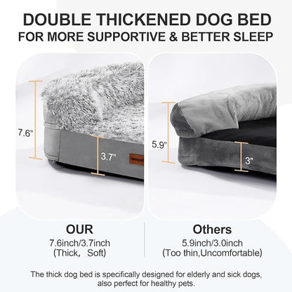 iweepet Fluffy Calming Orthopedic Dog Beds for Medium & Large Dogs, Supportive Dog Sofa Bed with 3.7 inch 28D Egg-Crate Foam, Removable Washable Plush Cover, Waterproof Lining, 41'',Grey