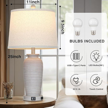 25" Vintage Farmhouse Jar Table Lamps, Single Rustic Bedside Lamp with USB A+C Ports & AC Outlet, Nightstand Lamps for Living Room, Bedroom, End Table, Grey White(LED Bulb Included)