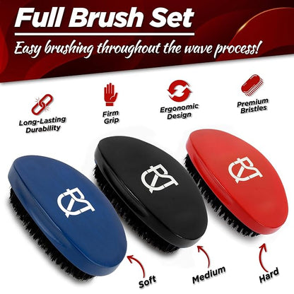 Roman-T 8-in-1 360 Wave Kit for Men - Grooming Kit for 360 Waves - 3 Wave Brushes, Soft, Medium & Hard - 2 Satin Durag, Hand Mirror, Comb, Hair Brush Cleaner - Gift Set, Black