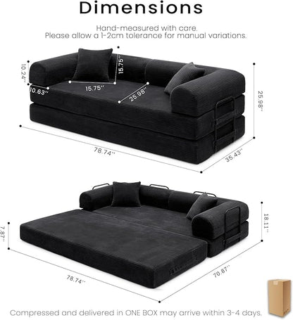 Compression Sofa - 79'' Convertible Sofa Bed, Boneless Couch in a Box, Modular Corduroy Foldable Sleeper Sofa with 2 Pillows, Loveseat Couches for Living Room (Corduroy Fabric, Black)