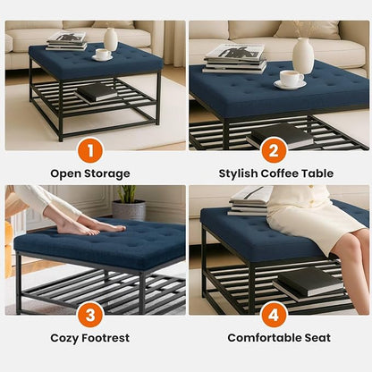 Ottoman Coffee Table with Upholstered Tufted Linen Fabric, Square Center Table with Storage Large Footrest Ottoman for Living Room Navy Blue