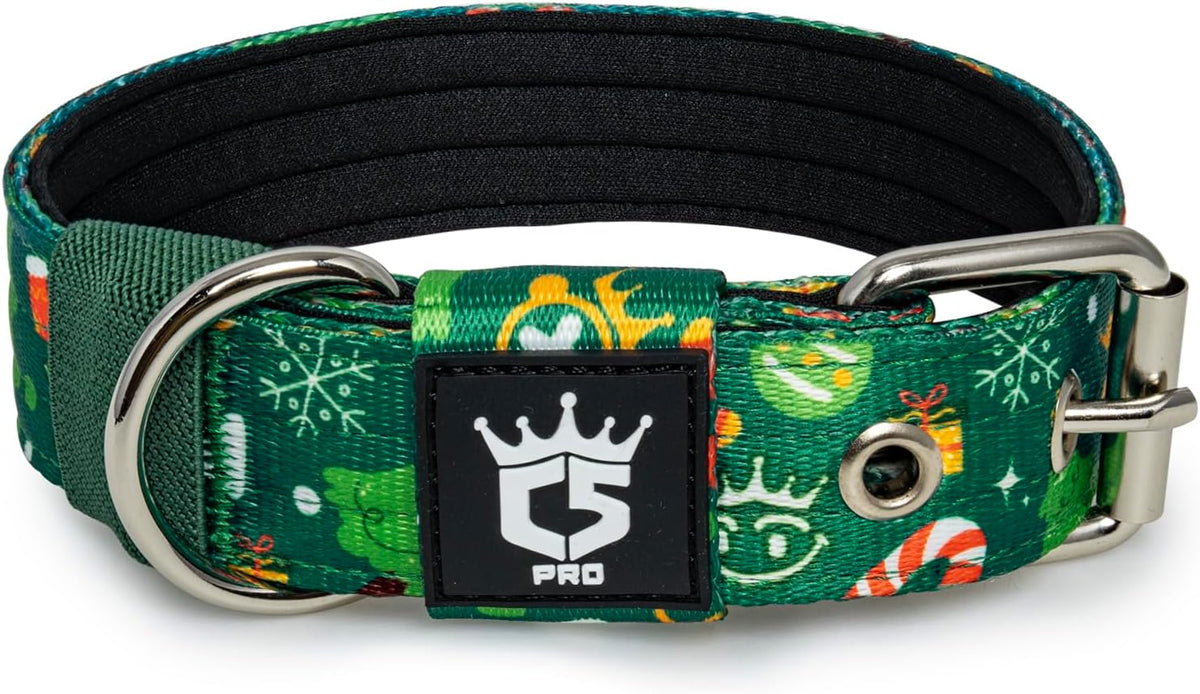 TSPRO Tactical Dog Collar 1.25 Inch Wide Thick Dog Collars with Heavy Duty Metal Buckle, Durable, Strong, Adjustable for Small Dogs (Christmas Green S)