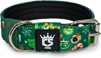 TSPRO Tactical Dog Collar 1.25 Inch Wide Thick Dog Collars with Heavy Duty Metal Buckle, Durable, Strong, Adjustable for Small Dogs (Christmas Green S)