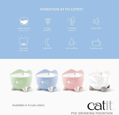 Catit PIXI Cat Drinking Fountain, Running Water Fountain, Pink | Cat Water Fountain with Triple Filter and Ergonomic Drinking Options