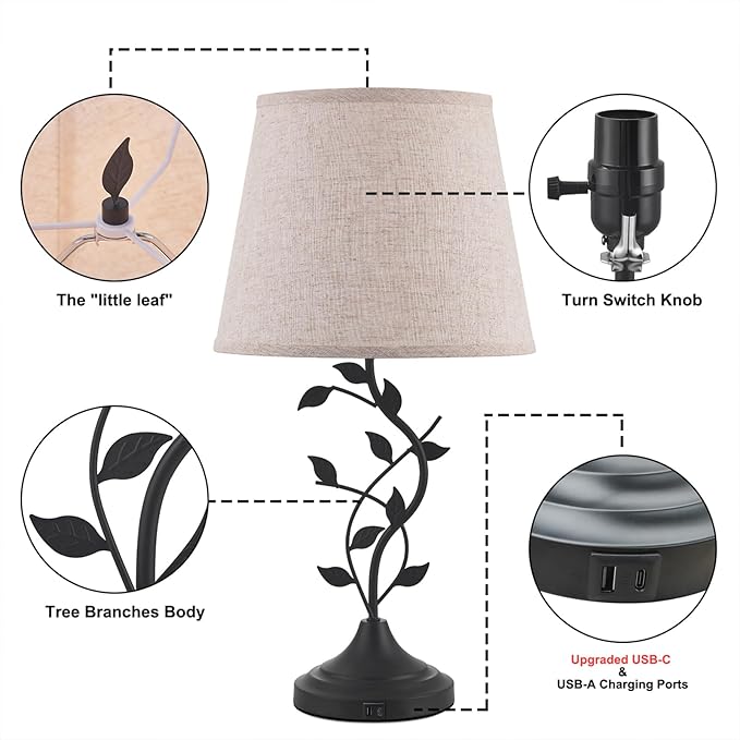 Kakanuo Table Lamp for Bedside, Lamp for Living Room with USB-A and USB-C Charging Ports, Traditional Tall Bedroom Lamp for End Table
