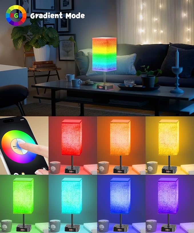 RGB Color Changing Lamp - Multi Color Desk Table Lamp with 2 AC Outlets, Stepless Dimming, Built-in USB-C + USB Charging Ports, Modern LED Bedside Lamp for Bedroom,Living Room, Dorm, or Home Office