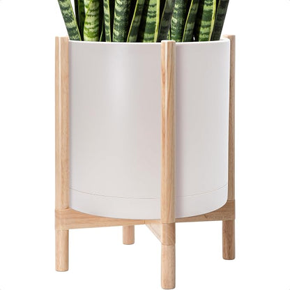 D'vine Dev Plastic Pot with Natural Wood Stand, Oatmeal, 16 in, 55-C-Y-4 | Mid-Century Inspired Design, Elevated Plant Display, Clean Lines, Sturdy Support, Modern Space-Saving Style