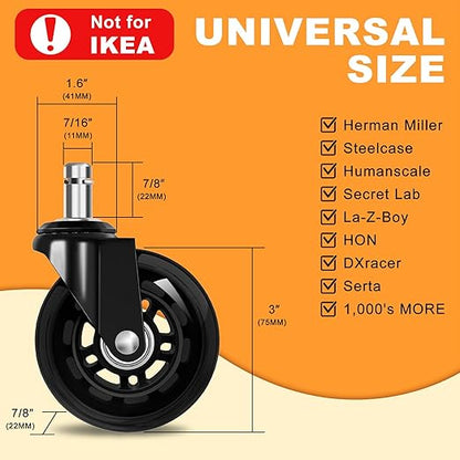 FreekyFit Office Chair Wheels for Casters Replacement - 3" Rubber Wheels for Computer Gaming Desk Caster Smooth & Safe Rolling for All Floors Including Hardwood and Carpet - Set of 5 - Black