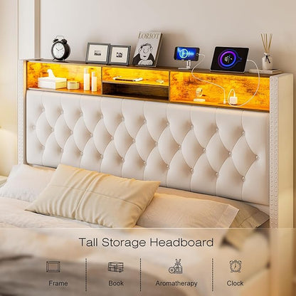 Floating King Size Bed Frame with Headboard and Storage, 60“ Upholstered Bed Frame with LED Light and Charging Station