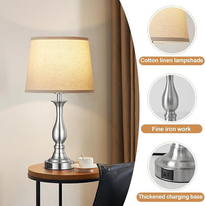 Bedside Table Lamp Touch Control Bedroom Lamps with USB A and C Charging Port 3 Way Dimmable Touch Lamps for Nightstand Living Room Bedroom Dorm Home Office Reading, Set of 2