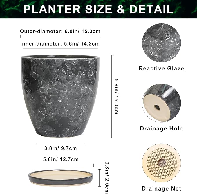 Ceramic Pots for Plants - 6 Inch Ceramic Planter with Drainage Hole and Saucer, Modern Planters for Indoor Outdoor Plants, Round Planter, Home Garden Decor, Plant Lover Gifts, Grey