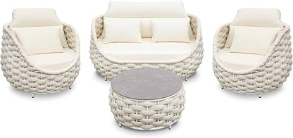 Erotr Metal Backyard Furniture Set: Aluminum Assembled Front Porch 4 Pieces Outdoor Set - Woven Rope Patio Conversation Set Modern - Cushioned Deck Couch Set Garden Sunroom Pool Hotel Resort, Beige
