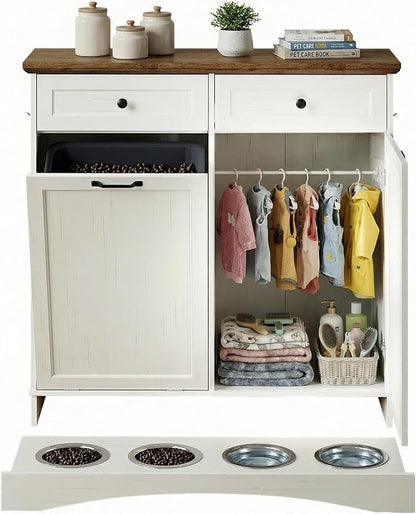 Furnaza Pet Feeding Station with 4 Bowls, Dual Doors Dog Cabinet Storage | White 39.7"W Dual Doors Pet feeding station with storage for dogs and cats, Pet Food Storage for Kitchen, Living Room