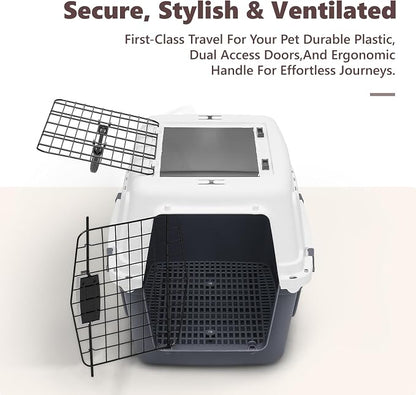 Athena Collection 22" Hard-Sided Travel Pet Carrier for Small Dogs and Cats | Plastic Dog Crate with 2-Door Top & Front Load, Ventilation, Security Lock, Cat Dog Carrier for Pet, up to 22lbs, Grey