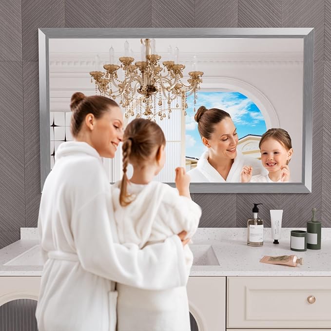 Amorho 60x36 Inch Bathroom Mirror Silver, Thick Metal Framed Wall Mirrors