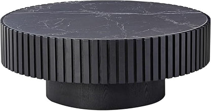 35.43''/90CM Modern Drum Coffee Table, Luxury Circle Wood Coffee Table for Apartment,Small Space (Black, Ø35.43 x 13.77 Sintered Stone Tabletop)