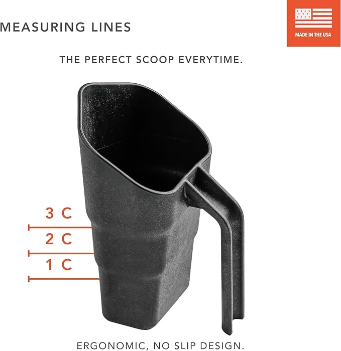 GUNNER Dog Measuring Food Scoop, Ergonomic No-Slip Grip, 3 Cup Pour Scooper, Good for Scooping Ice & Animal Feeds, Heavy Duty Material, Measuring Cup Markers Inside for Perfect Proportion Every Scoop