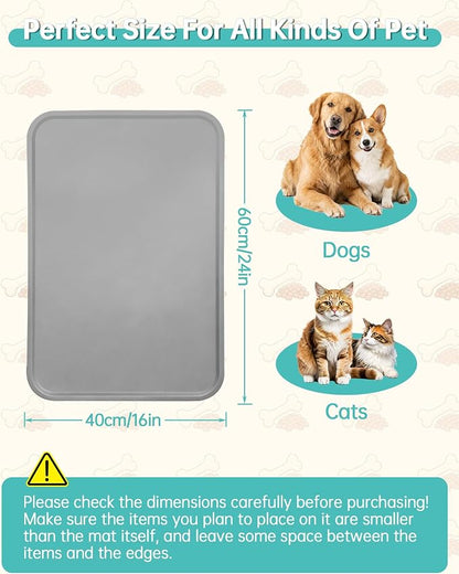 Pet Water Fountain Mat, 24" x 16" Food Grade Silicone Waterproof Mat with Raised Edge, Non Slip Easy Clean Splash Proof Floor Pad for Cat Dog Water Dispenser, Grey