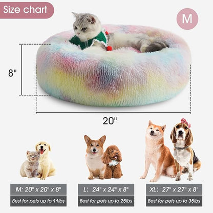 Western Home Calming Donut Cat Bed Small Dog Bed Washable,20" Rainbow | Fluffy Faux Fur Round Cuddler,Anti-Anxiety,Anti-Slip Bottom,Self-Warming Pet Bed for Small Dog&Kitten&Puppy,Up to 12 LBS