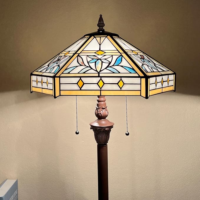 Capulina Tiffany Lamp Stained Glass Floor Lamp 2-Light 16X16X63 Inches Mission Hexagon Tiffany Style Standing Reading Lamp for Living Room Bedroom Home Office