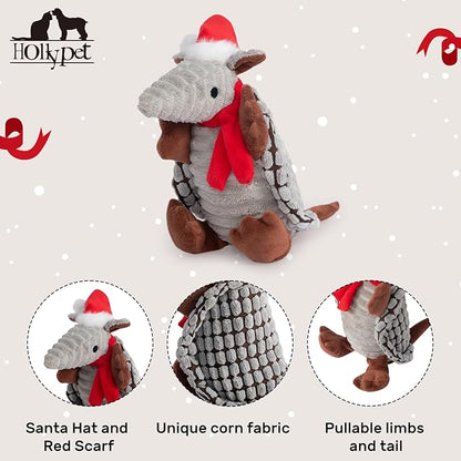 Hollypet Plush Dog Squeaky Toy Stuffed Armadillo Animal Pet Puppy Chew Toys with Clean Teeth for Small Medium Large All Breed Sizes Dogs, Christmas Gray, 8 in