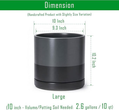 D'vine Dev 10 Inch Ceramic Planter Pot, Slate, 94-O-E-5 | Modern Cylinder Design, Drainage Hole & Saucer Included, Stable Structure, Elegant Home Accent