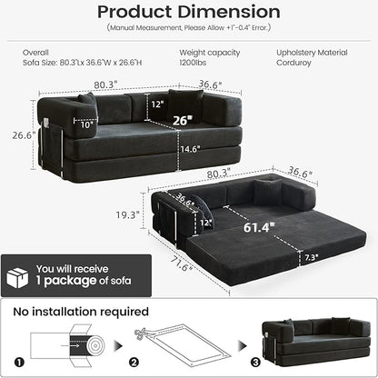 Folding Sofa Bed Convertable Corduroy Couch King Size Floor Sleeper 4-in-1 DIY Combination Modular Sofa Fold Out Futon Lounge Comfy Foldable Lazy cama for Living Room (Black, 80.15")