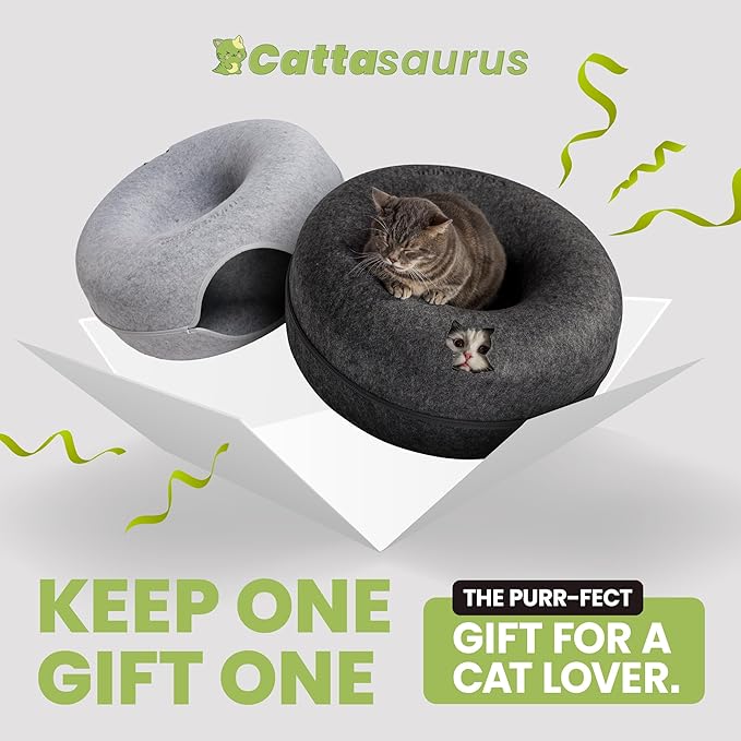 CATTASAURUS Peekaboo Cat Cave for Multiple & Large Cats Up to 30-45 Lbs, Scratch Detachable & Washable Tunnel Bed, Comfy Donut Cat Cave (Light Gray + Dark Gray, Large)