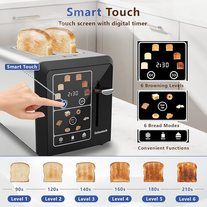 Touch Screen Toaster 2 Slice, Smart Digital Toasters, 6 Browning Levels & 6