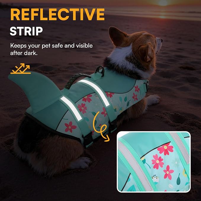 Dog Life Jacket, Dog Life Vest for Swimming, Medium Dogs Shark Safety Vest Adjustable Preserver with High Buoyancy, Pet Lifesaver for Medium Dogs, Blue Flower M