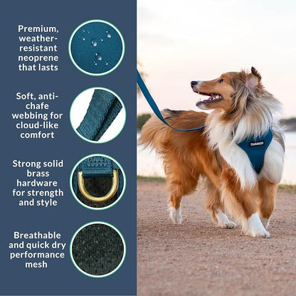 Adventure Dog Harness - Stylish and Durable Large Dog Harness for Outdoor Adventures and Everyday Wear - Indigo Blue Neoprene Adjustable Harness for Dogs with Reflective Piping & Brass D-Ring