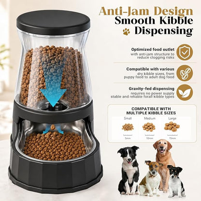 Automatic Dog Feeder and Water Dispenser with Stainless Steel Bowl, Dog Gravity Food Feeder and Waterer for Large Medium Pets 2.1 Gallon x 2